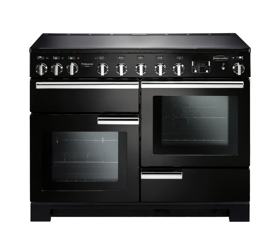 Black Rangemaster Professional Deluxe 110 induction range cooker with double ovens and multiple control knobs
