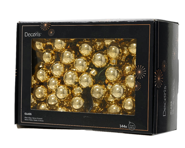 Shiny gold glass baubles on flexible wire, 2.5cm, 144 pieces in window box – festive décor by Keans Claremorris