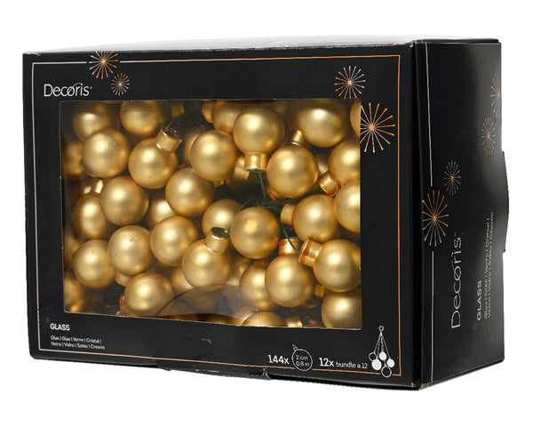 Matt gold glass baubles on flexible wire, 2.5cm, matte finish, 144 pieces in window box – Keans Claremorris