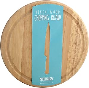 Acacia round bread board with a groove around the edge and a blue label featuring a knife silhouette.