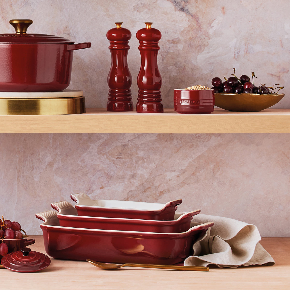 Le Creuset 32cm Deep Rectangular Dish in Garnet red, durable stoneware bakeware – available at Keans Claremorris
