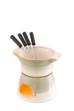 Tivoli Stoneware Fondue Set with ceramic pot and wooden base, perfect for cozy gatherings – available at Keans Claremorris.