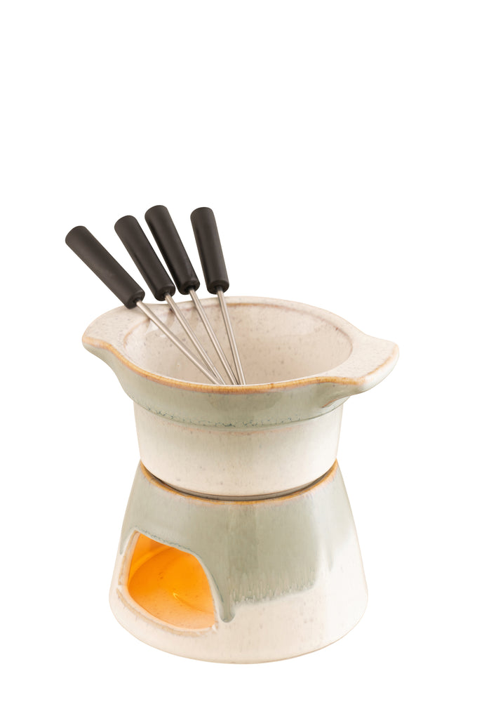 Tivoli Stoneware Fondue Set with ceramic pot and wooden base, perfect for cozy gatherings – available at Keans Claremorris.