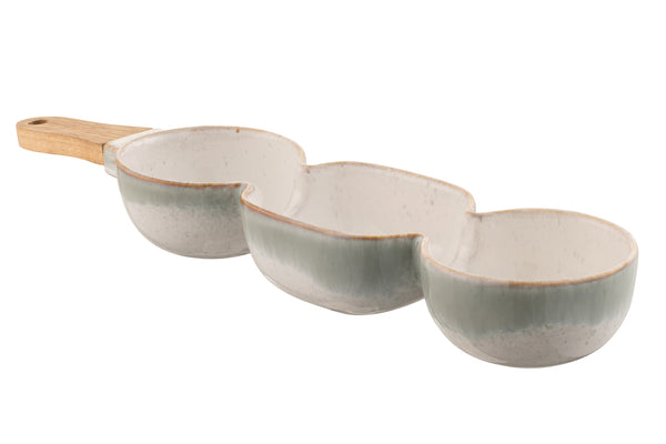 Belleek Living Tivoli 3-section stoneware snack server with reactive glaze and bamboo handle, available at Kean’s