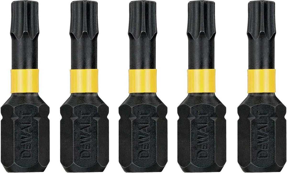 Five DeWalt TX30 25mm impact torsion bits with black bodies and yellow bands, arranged in a row.