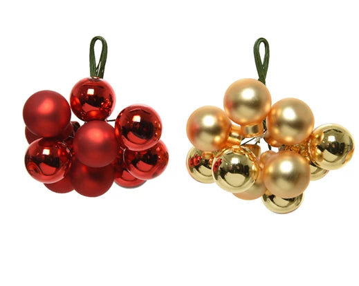 Red and gold 2cm glass Christmas bauble on wire, shiny and matt finish, flexible stem – Keans Claremorris