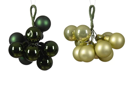 Green 2cm glass baubles on wire, shiny and matt mix, dark or light green, flexible stems – Keans Claremorris.