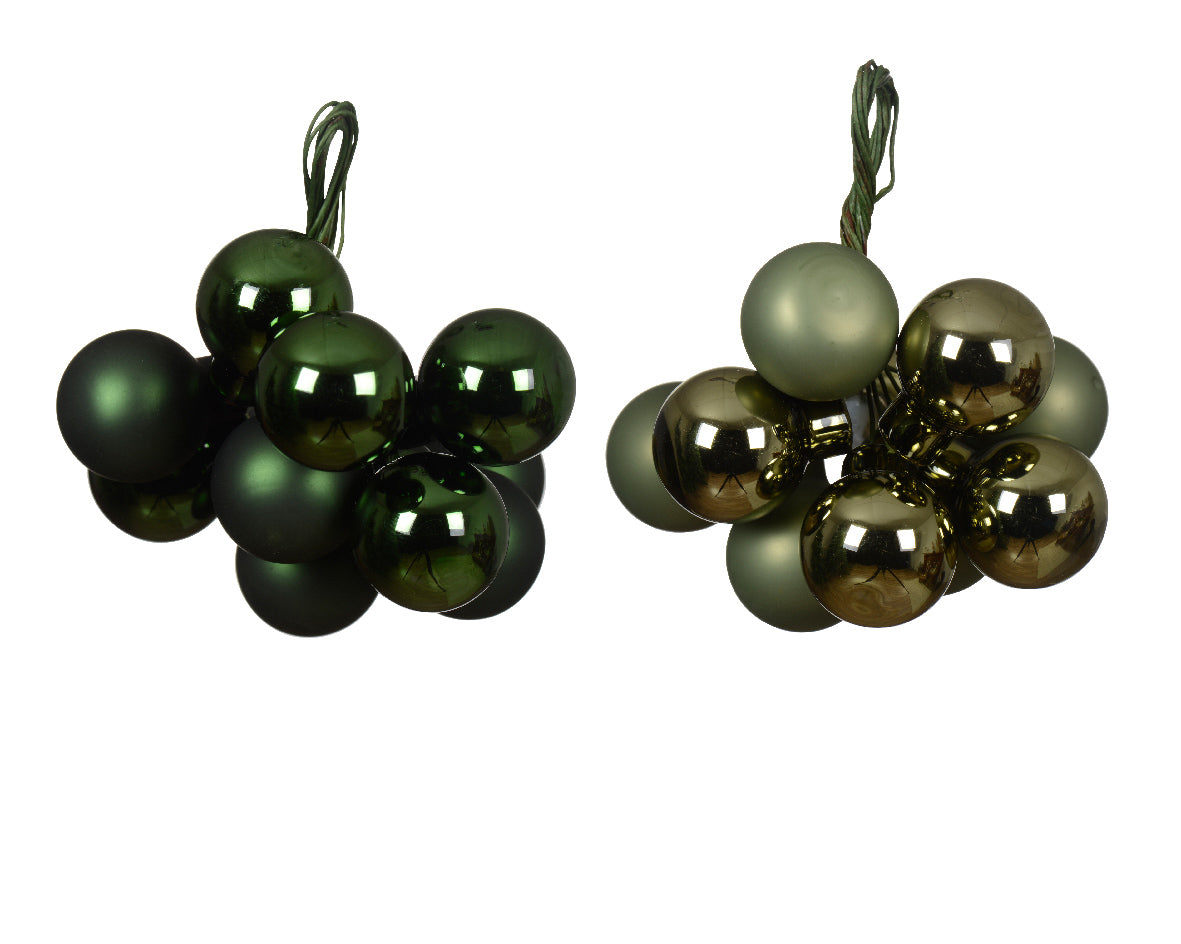 Light or dark green 2cm glass baubles on flexible wire, enamel and shiny finish, bundle of 10 – Keans Claremorris