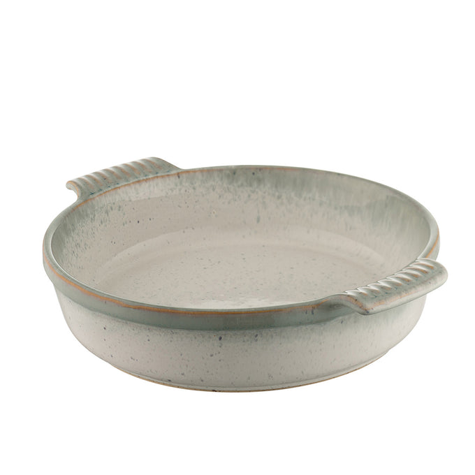 Belleek Living Tivoli Handled Round Baker, durable blue-grey stoneware, oven-to-table, microwave safe, available at Kean’s