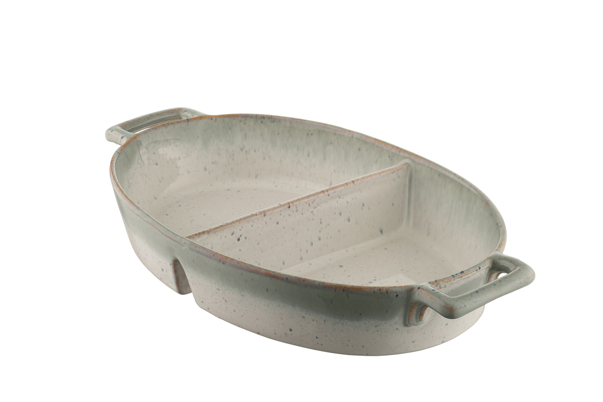 Belleek Living Tivoli Stoneware Oval Divided Baker with reactive glaze, oven-safe, perfect for serving two dishes – Kean’s