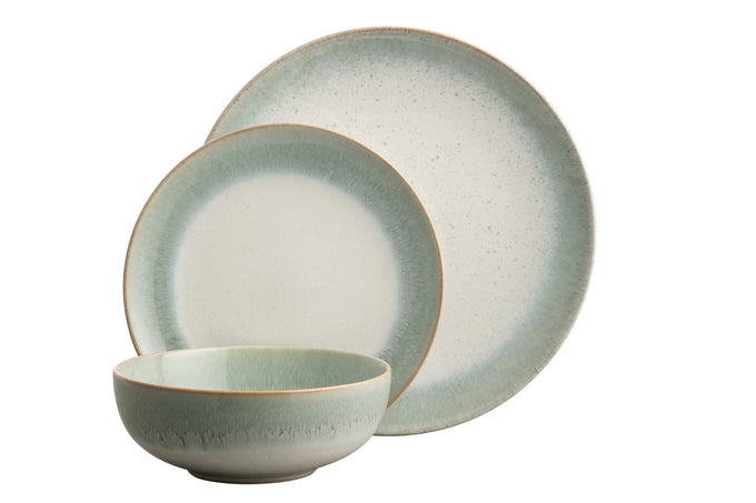 Tivoli Stoneware 12 Piece Dinner Set with blue-grey reactive glaze, oven-safe, durable, from Kean’s Claremorris. – online at