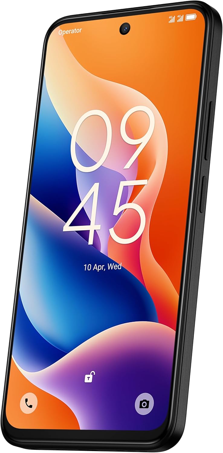 TCL 605 black smartphone angled view showing colorful screen with time and date displayed