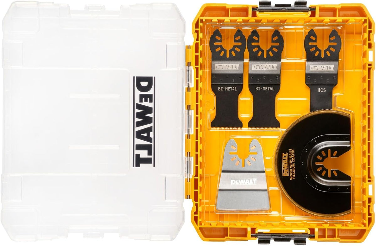DeWalt DT20761 oscillating blade set with five blades in a yellow plastic case with clear lid.