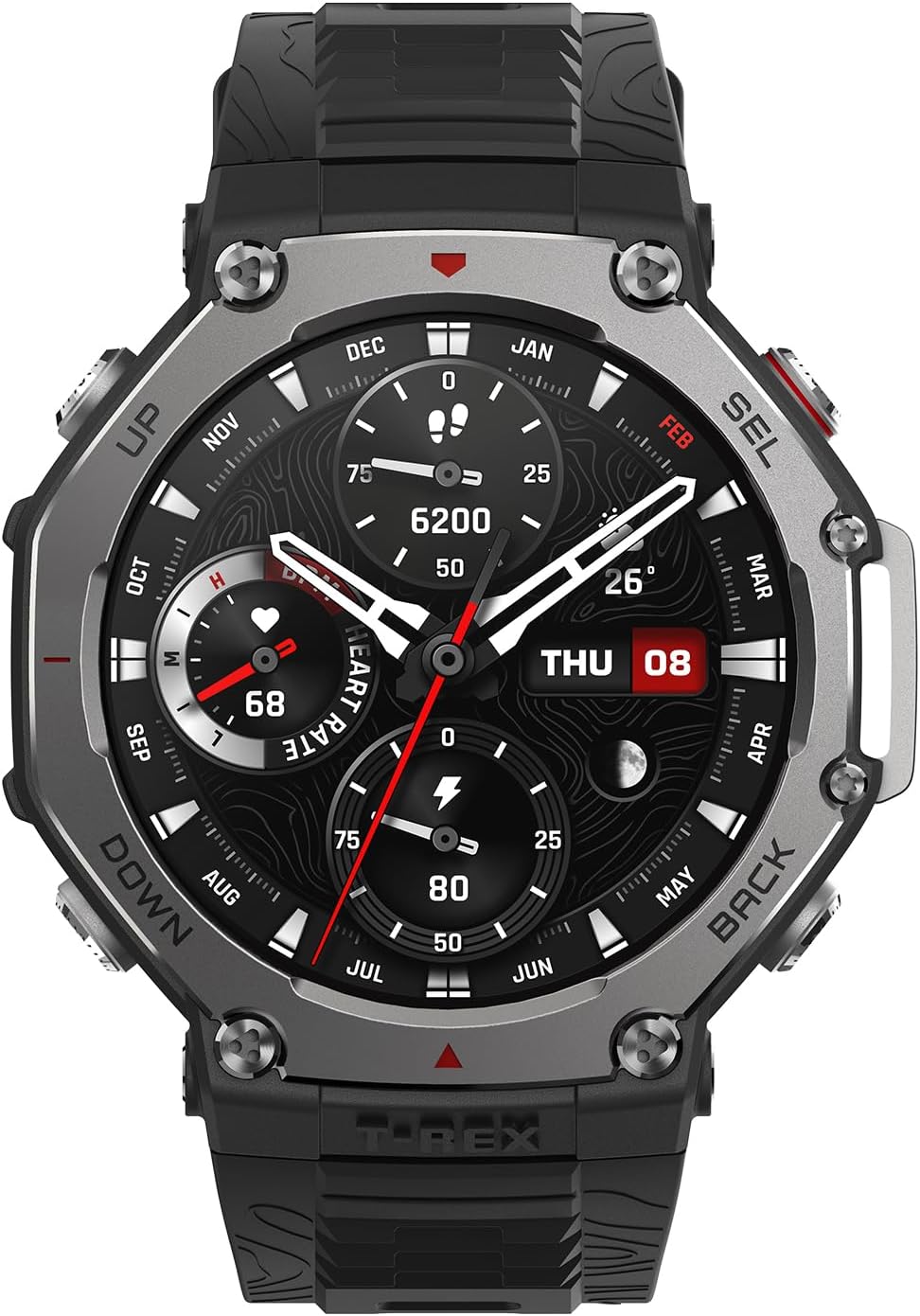 Amazfit T-Rex 3 smartwatch in Onyx Black with rugged design, detailed digital dial showing date, heart rate, steps, and