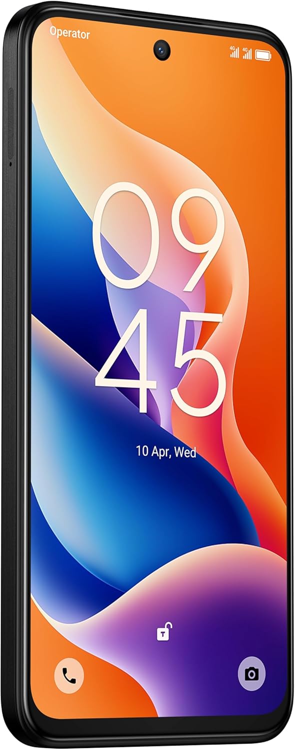 TCL 605 black smartphone front view showing colorful abstract wallpaper and centered front camera hole-punch.
