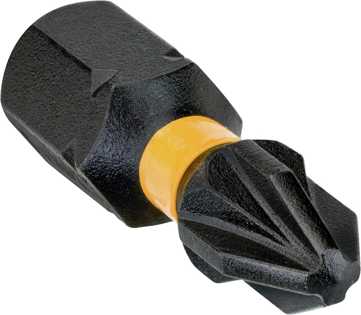 Close-up of a single black DeWalt Extreme Impact PZ2 25mm torsion bit with a yellow ring near the tip.