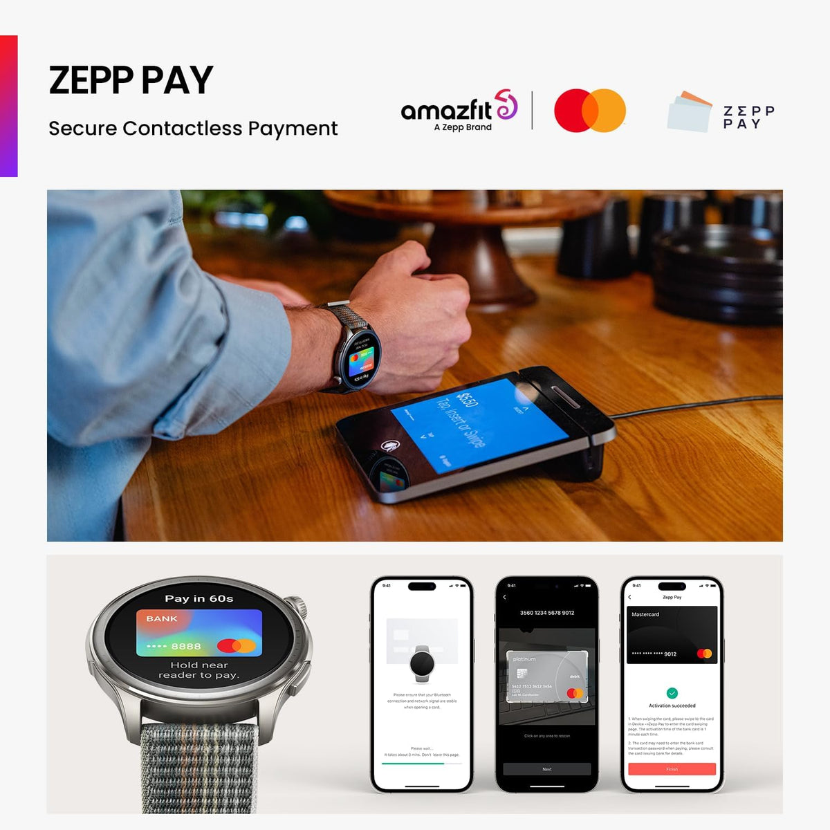 Amazfit Balance smartwatch in Sunset Grey with woven fabric strap and digital payment screen visible