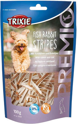 Premio Fish & Rabbit Stripes dog treats with 68% meat, 15% fish, no added sugar, resealable 100g bag - Keans Claremorris