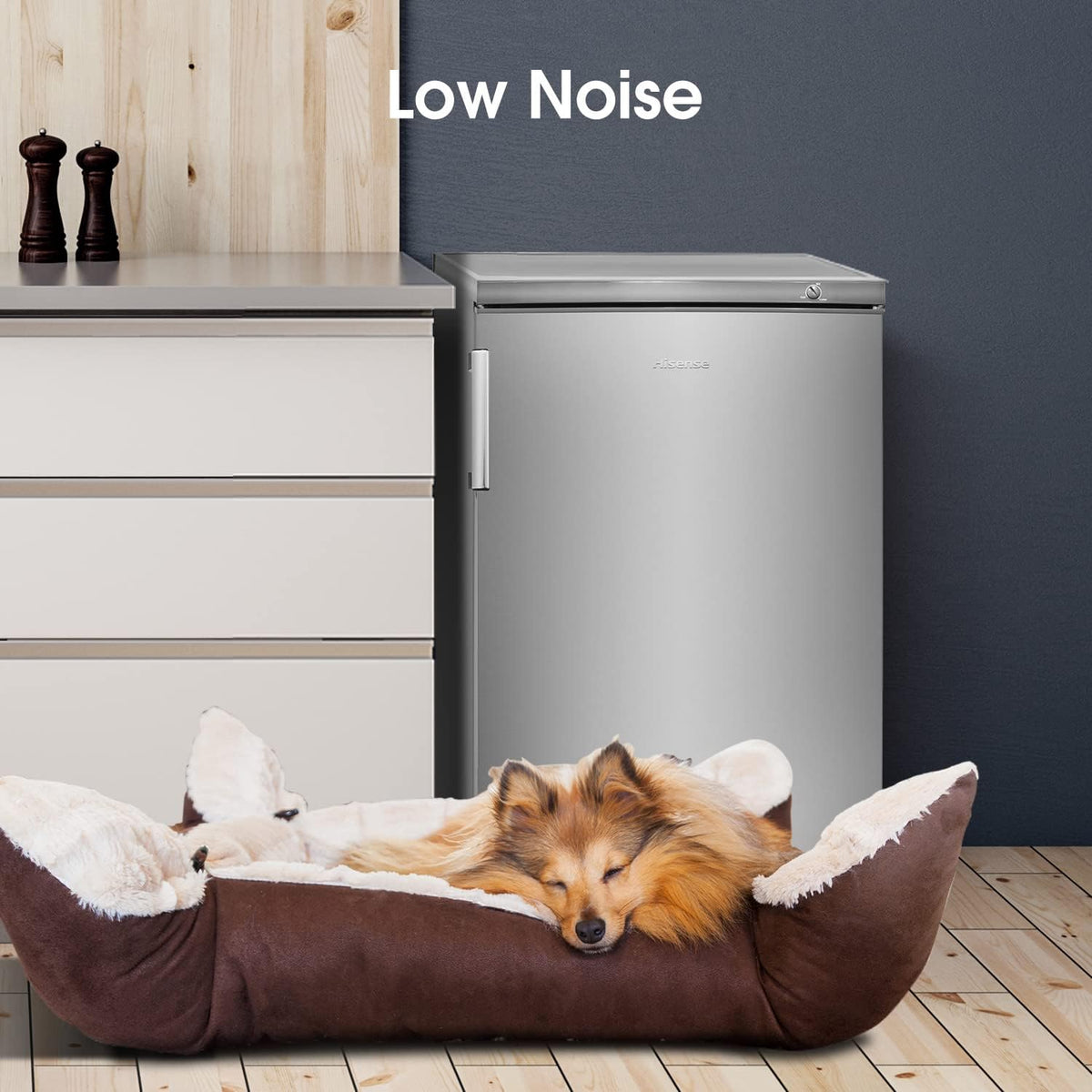 Stainless steel Hisense 56cm undercounter freezer next to kitchen drawers with dog sleeping in bed nearby.