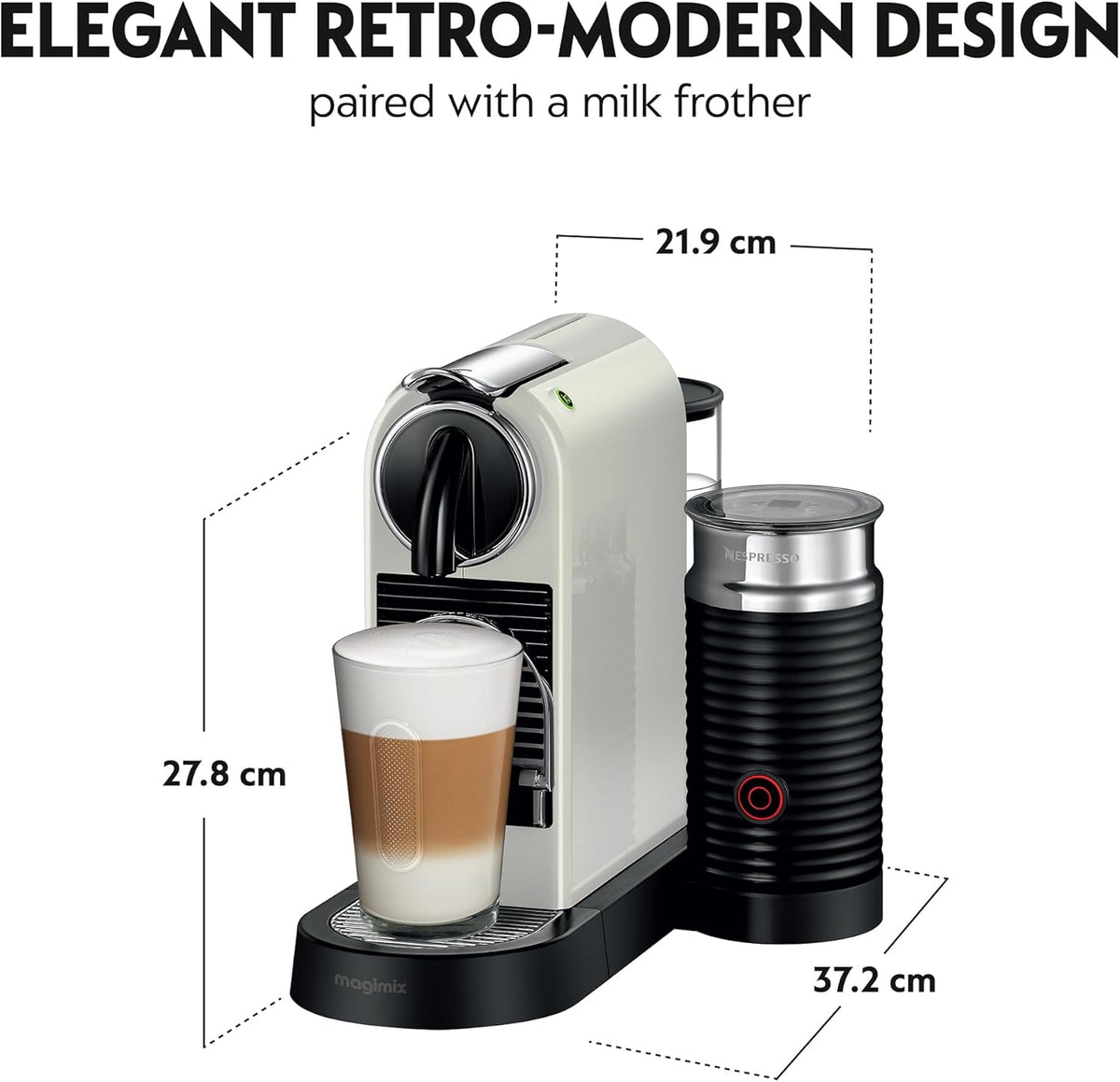 Delonghi Citiz Nespresso coffee machine in white with attached black Aeroccino milk frother and a glass of layered coffee.