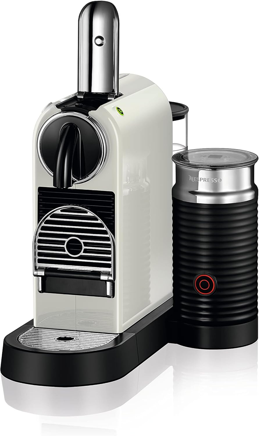 Delonghi Citiz Nespresso coffee machine in white with attached black Aeroccino milk frother on the side