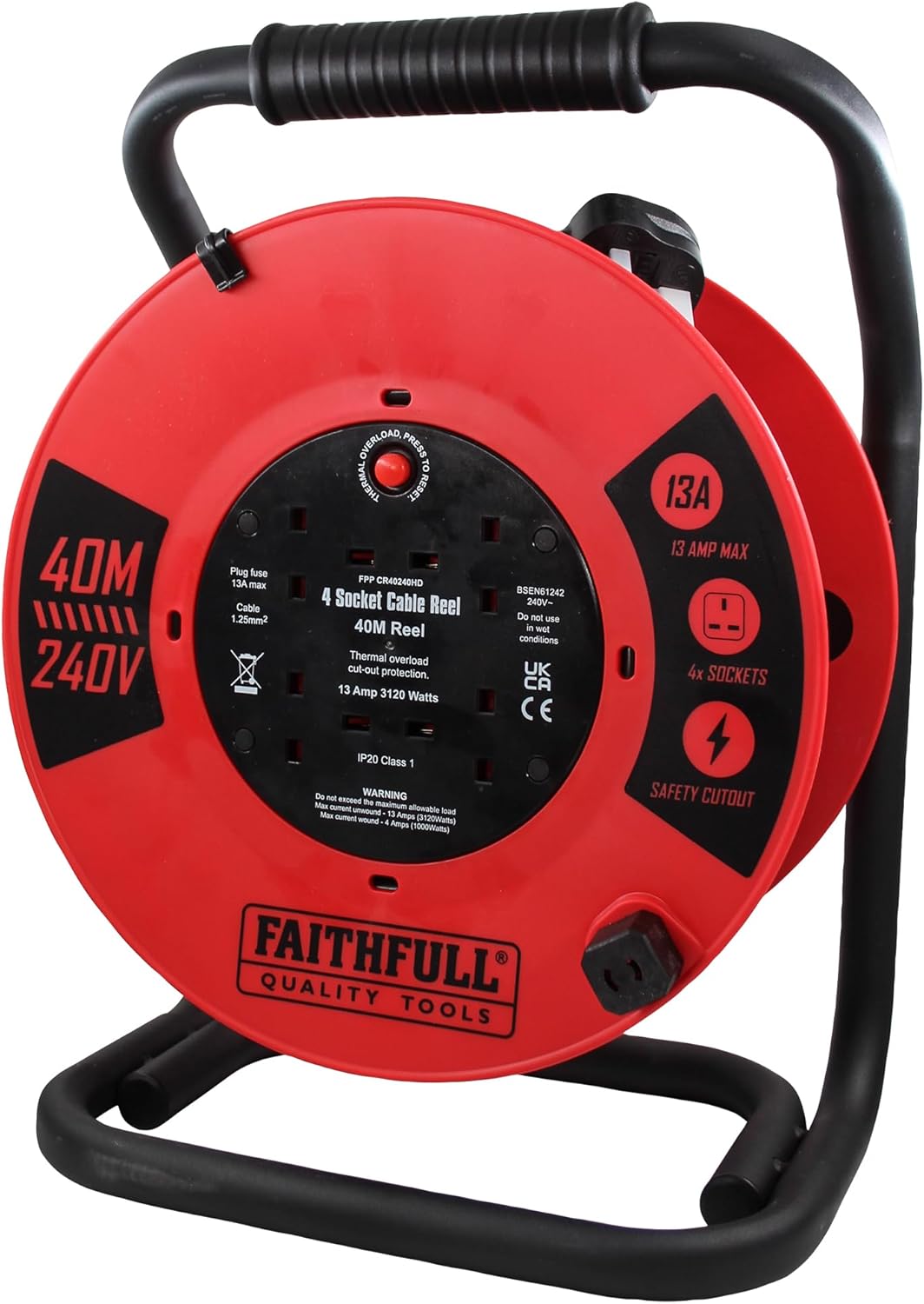 Faithfull 40m 13A heavy duty red cable reel with four sockets and black handle frame