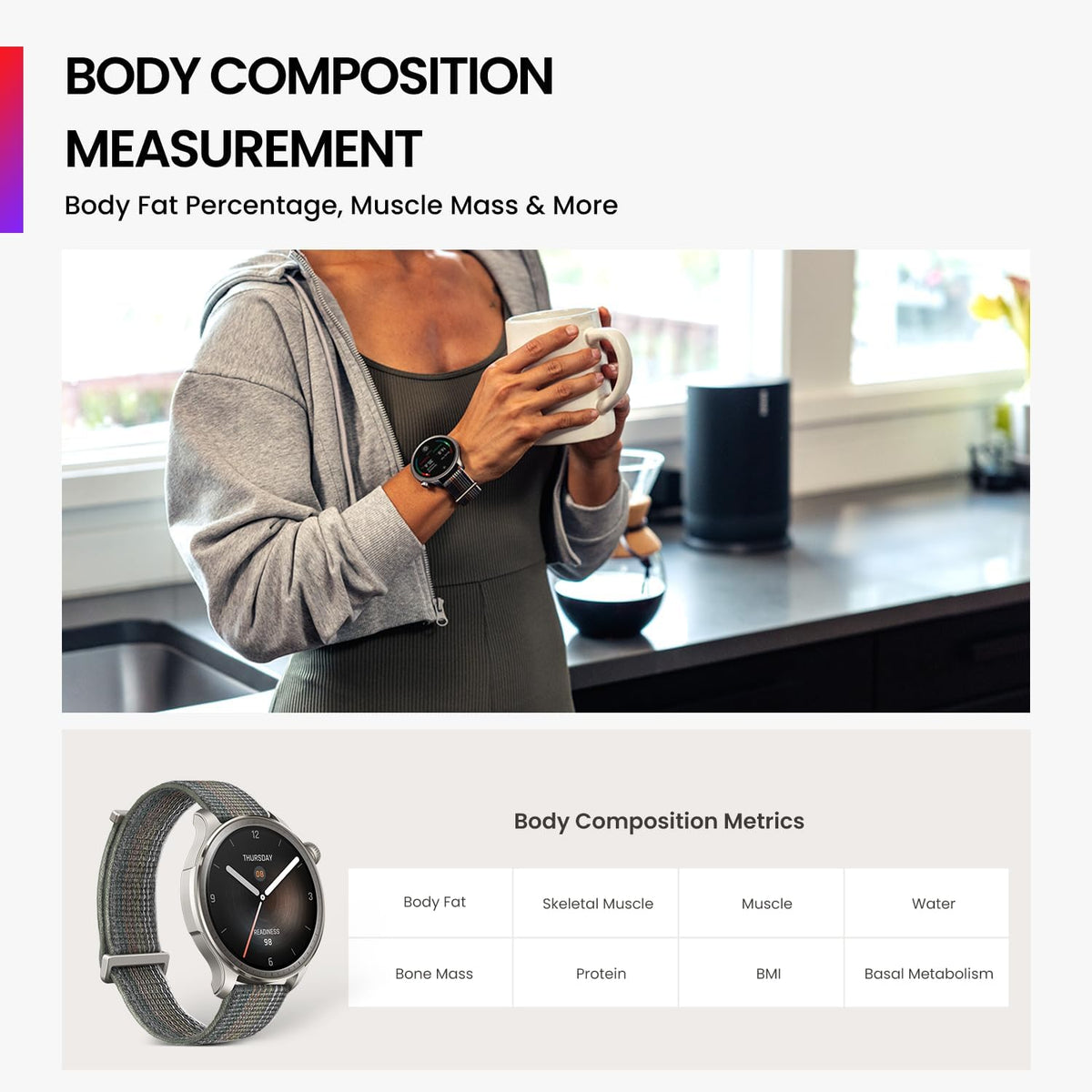 Amazfit Balance smartwatch in Sunset Grey with round black dial and woven fabric strap on white background.
