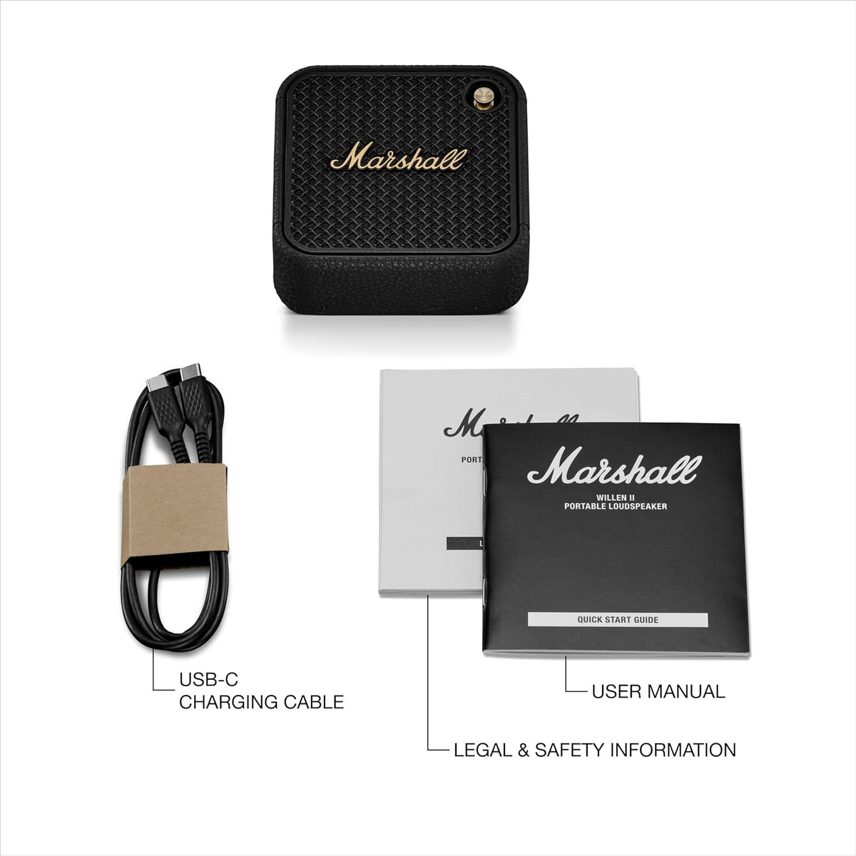 Marshall Willen II Black & Brass speaker with USB-C charging cable, user manual, and safety information booklets.