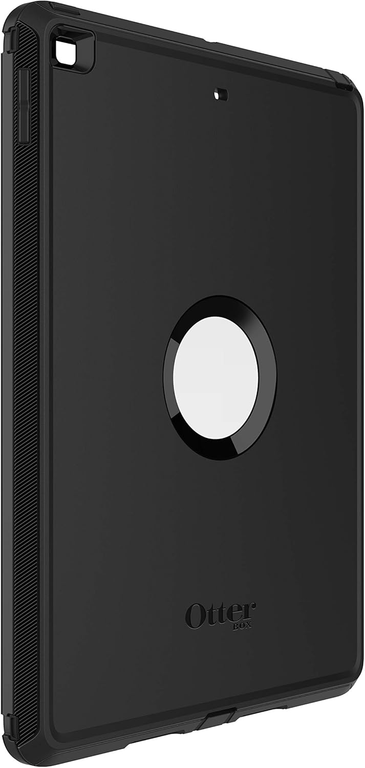 Black OtterBox Defender protective case for Apple iPad 10.2-inch, showing back with circular Apple logo cutout.