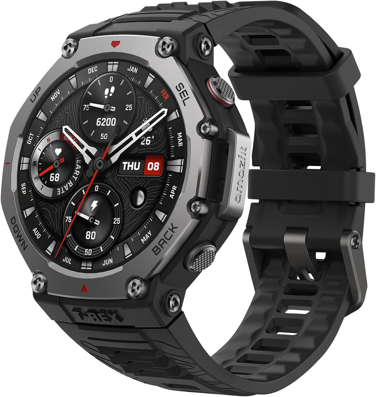 Amazfit T-Rex 3 smartwatch in Onyx Black showing date, heart rate, steps, and battery indicators on the display.