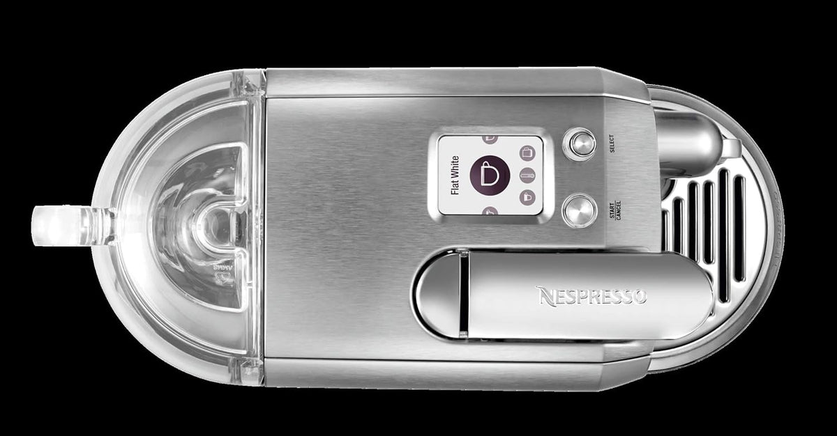 Top view of Sage The Creatista Plus Nespresso Pod Machine in stainless steel with digital display and control buttons.
