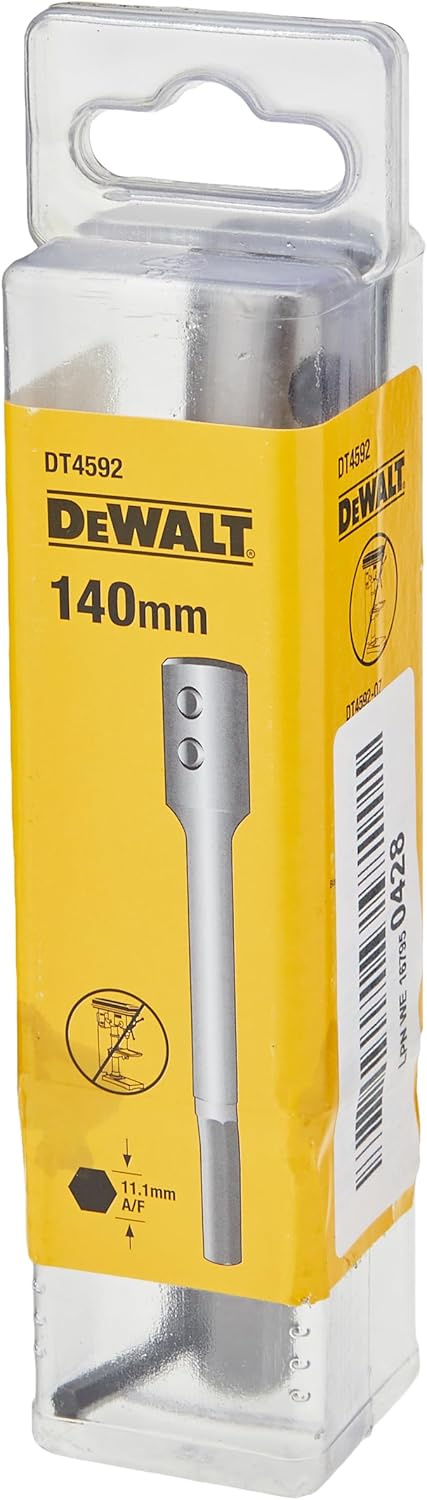 DeWalt 140mm self-feed Forstner bit extension in clear plastic and yellow cardboard packaging.