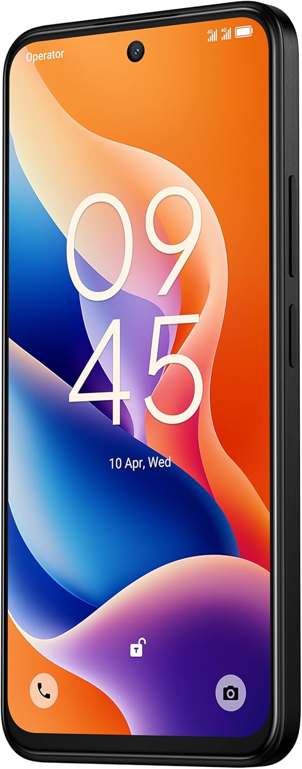 TCL 605 black smartphone front view with colorful abstract wallpaper and centered front camera hole-punch.
