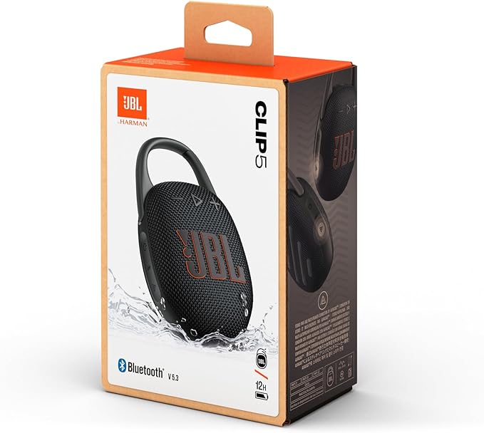 JBL Clip 5 Black portable Bluetooth speaker with carabiner, waterproof design - available at Keans Claremorris.