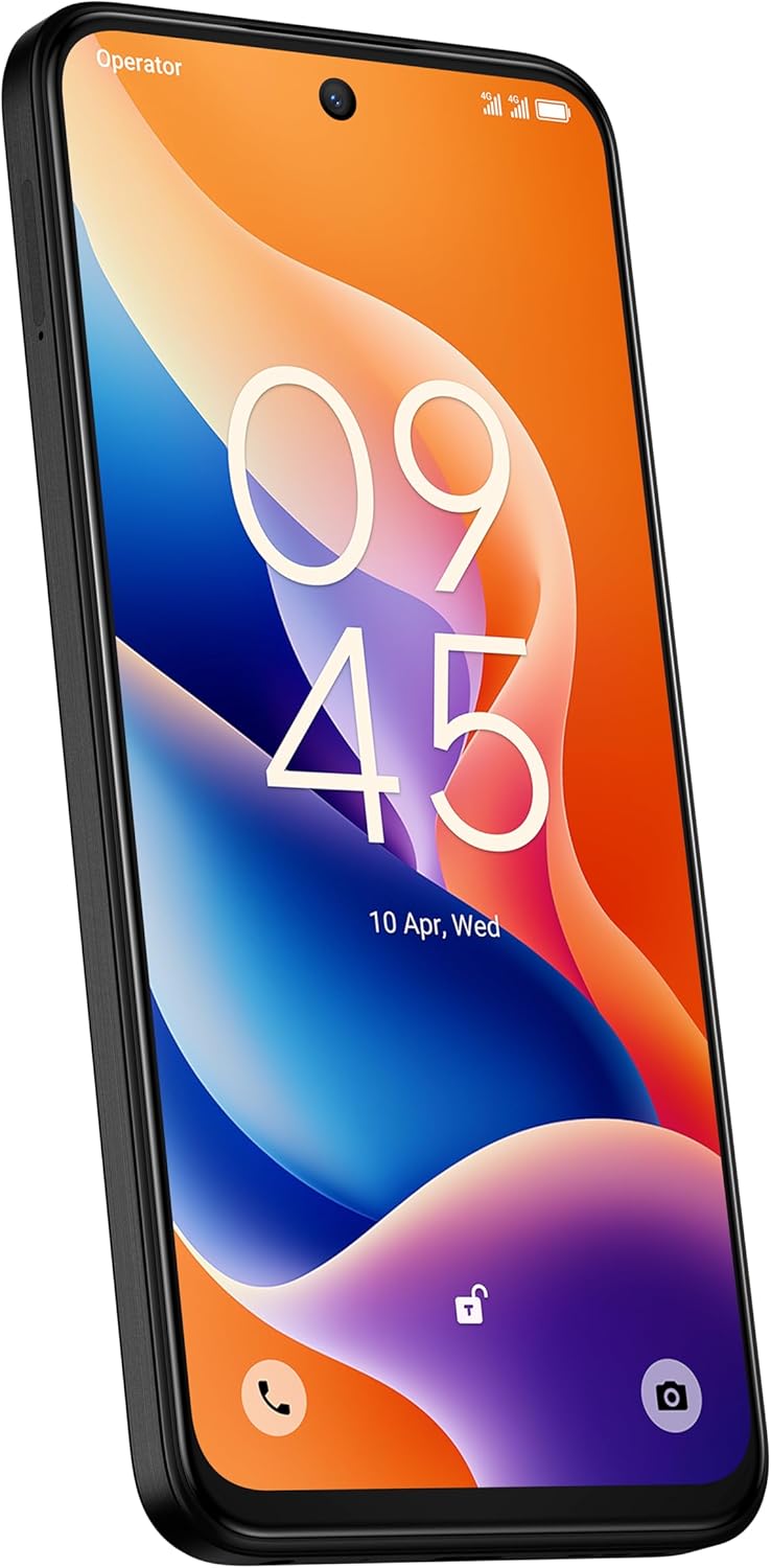 TCL 605 black smartphone angled view showing colorful lock screen with time and date displayed