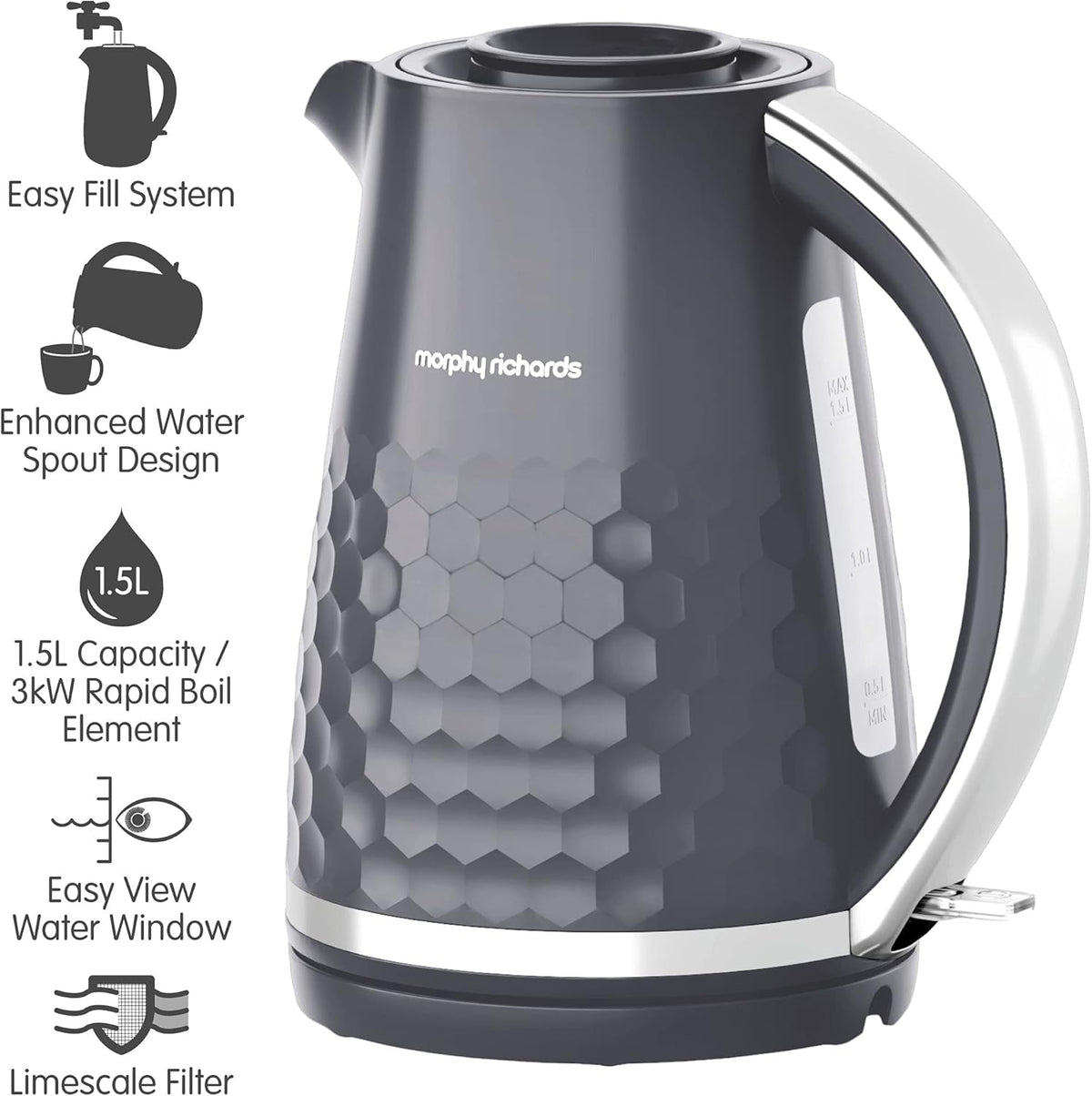 Grey Morphy Richards Hive kettle with honeycomb texture, white handle, water window, and stainless steel base.