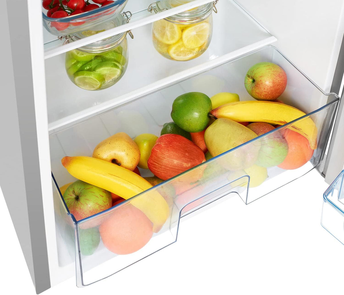 Clear fridge drawer filled with assorted fruits inside Hisense 56cm undercounter fridge