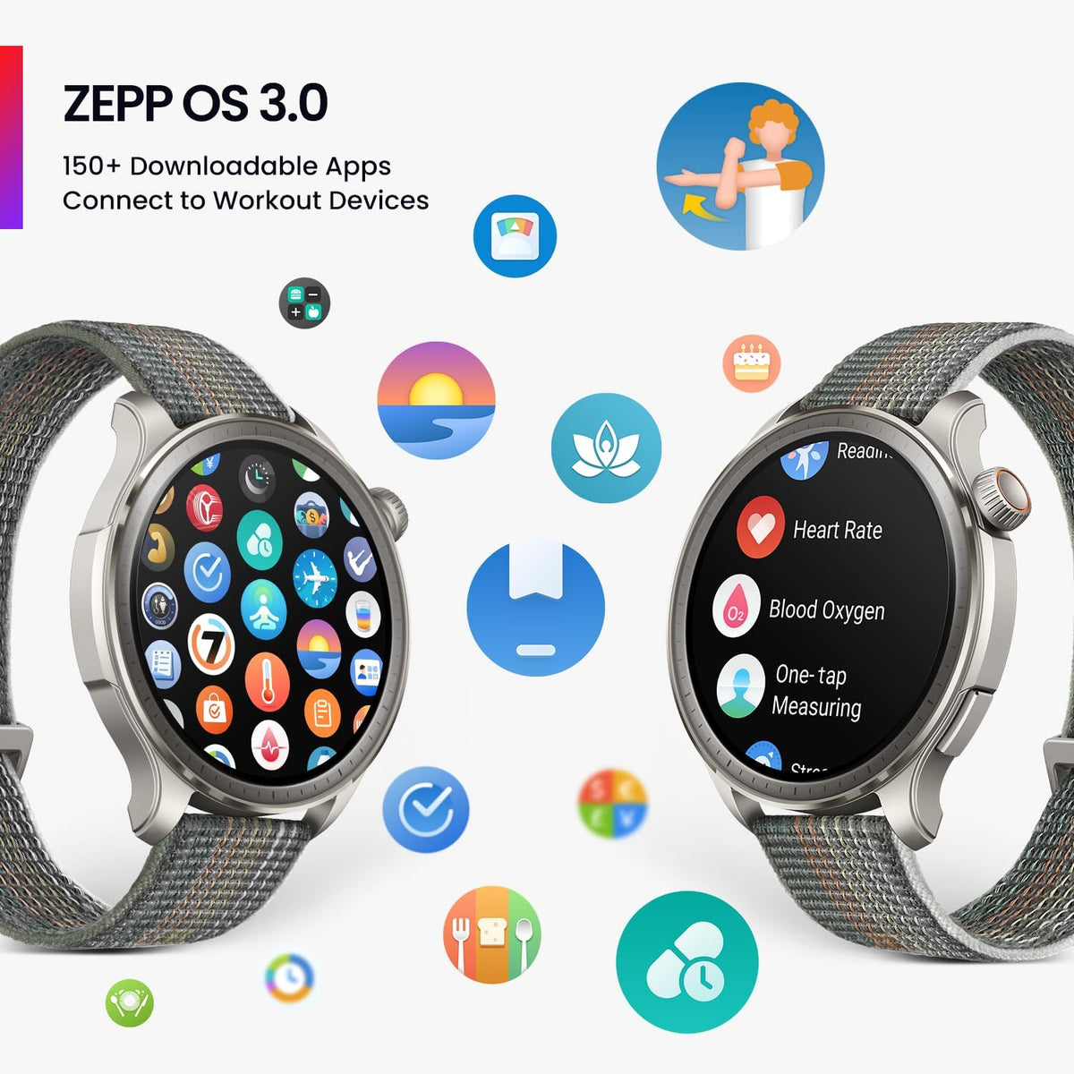 Two Amazfit Balance Sunset Grey smartwatches with fabric straps showing app icons and health features on screens