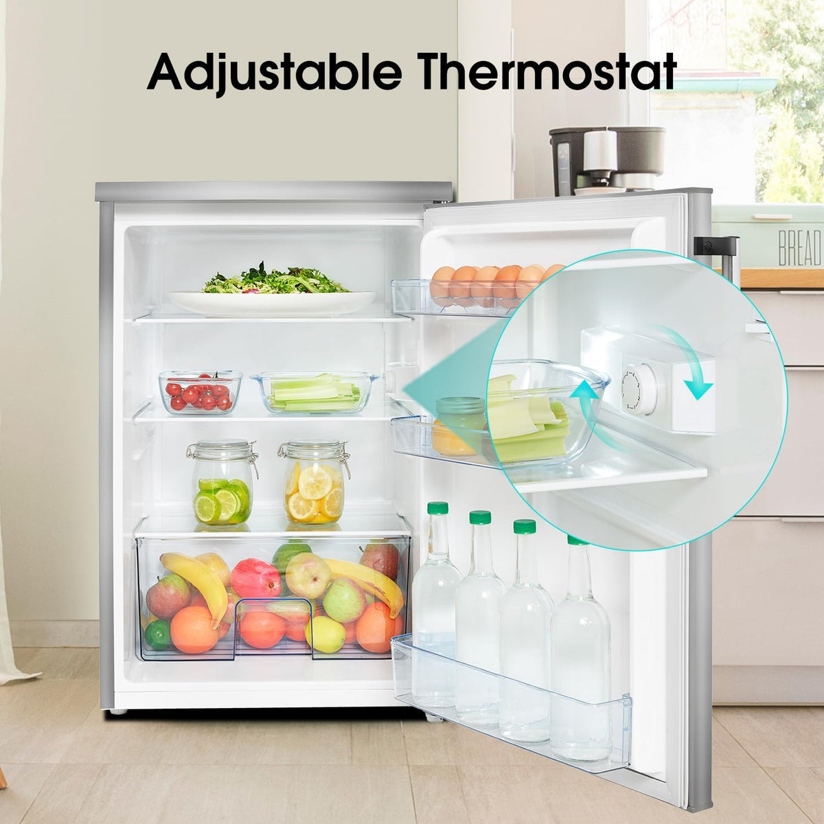 Hisense 56cm undercounter fridge open showing stocked shelves and adjustable thermostat detail.