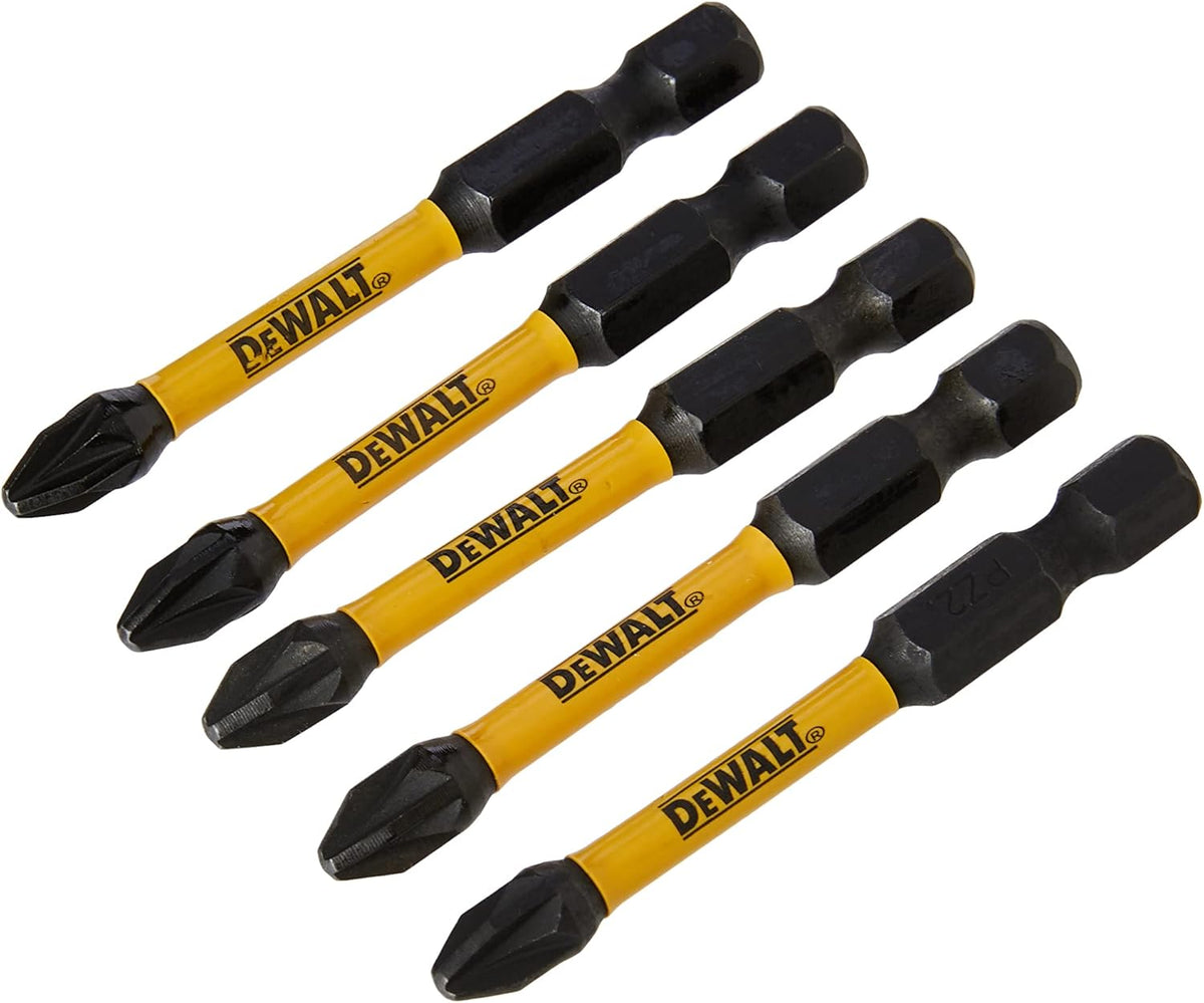 Five DeWalt PZ2 57mm Extreme Impact Torsion bits with yellow FlexTORQ shafts and black tips.