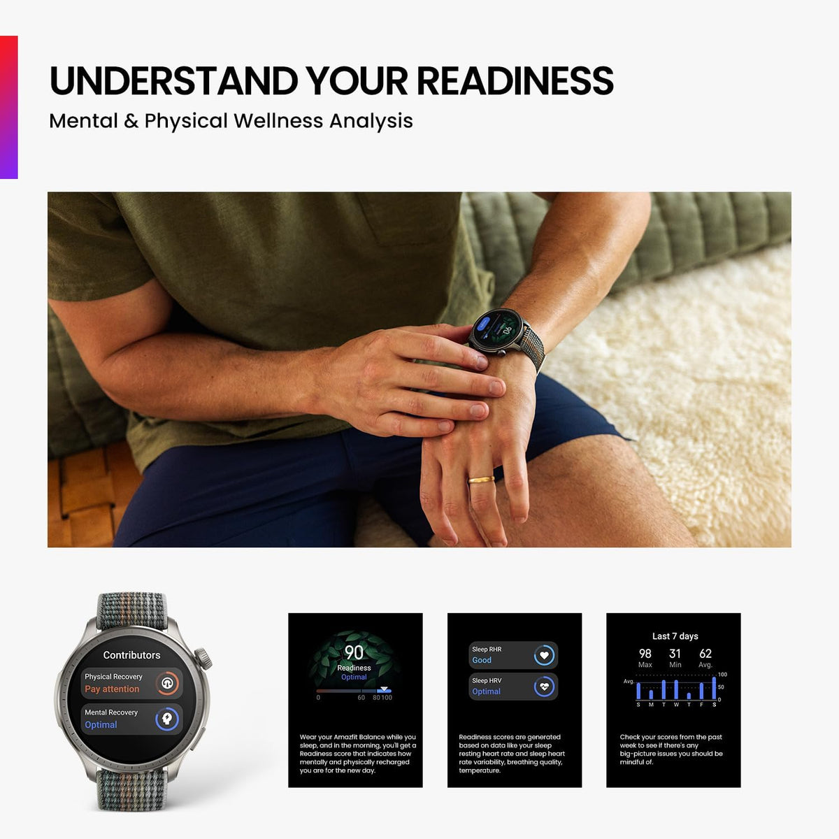 Amazfit Balance smartwatch in Sunset Grey with a woven strap showing physical and mental recovery stats.