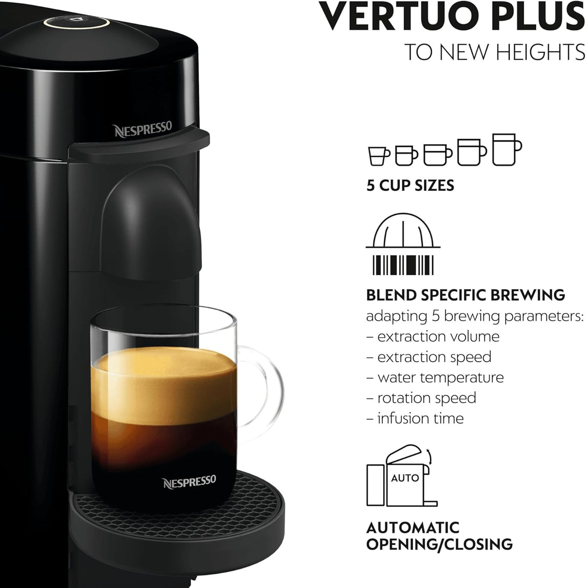 Delonghi Nespresso Vertuo Plus black coffee machine with a glass of espresso on the drip tray and brewing feature icons.