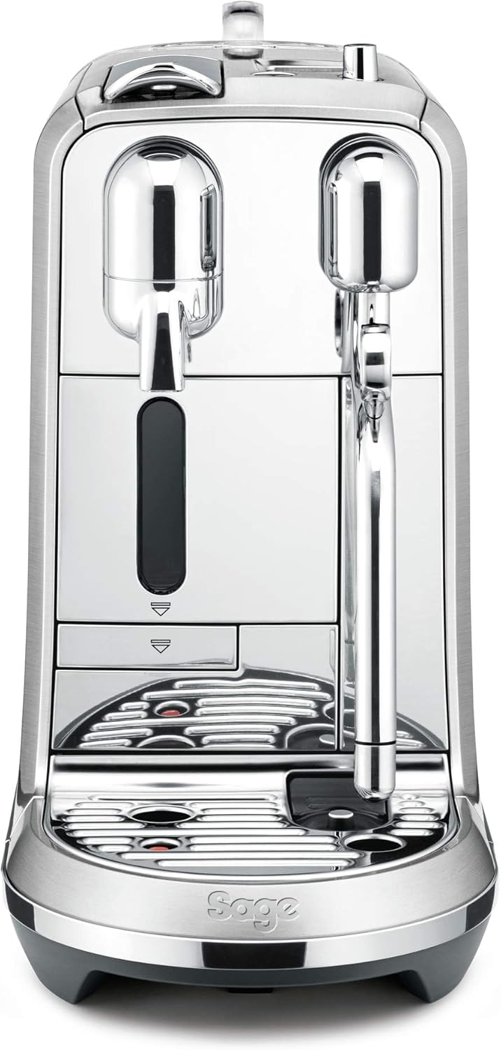Sage The Creatista Plus Nespresso Pod Machine in polished stainless steel, front view with spouts and drip tray visible