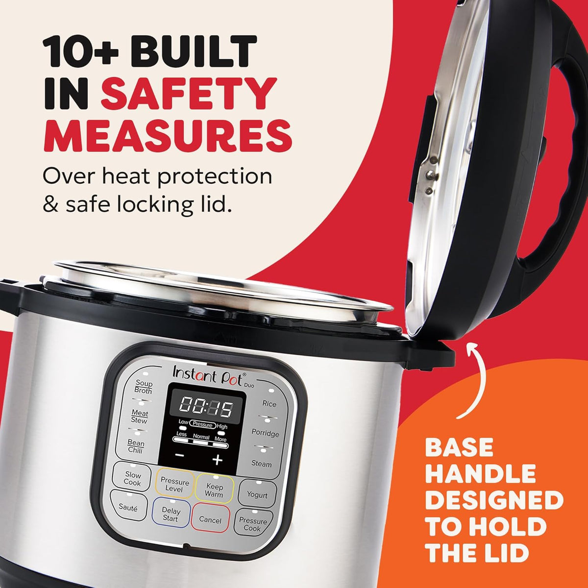 Instant Pot Duo Mini 3 Multicooker with open lid showing control panel and safety feature text background.