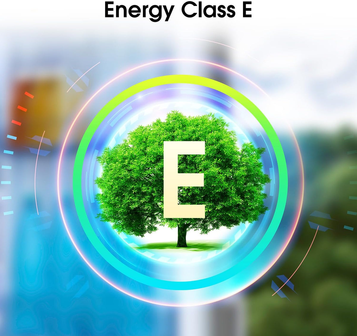 Energy class E symbol with a green tree surrounded by colorful circular graphics on a blurred background