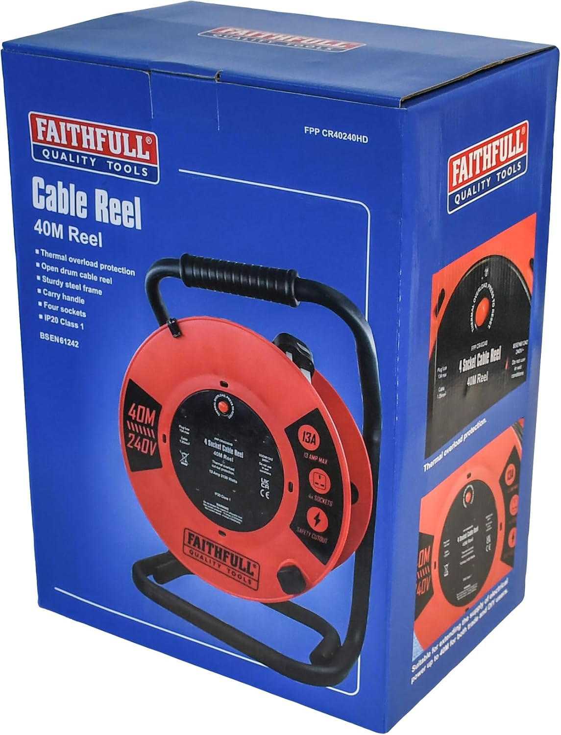 Faithfull 40m 13A heavy duty cable reel in red with black steel frame and carry handle on blue packaging box.