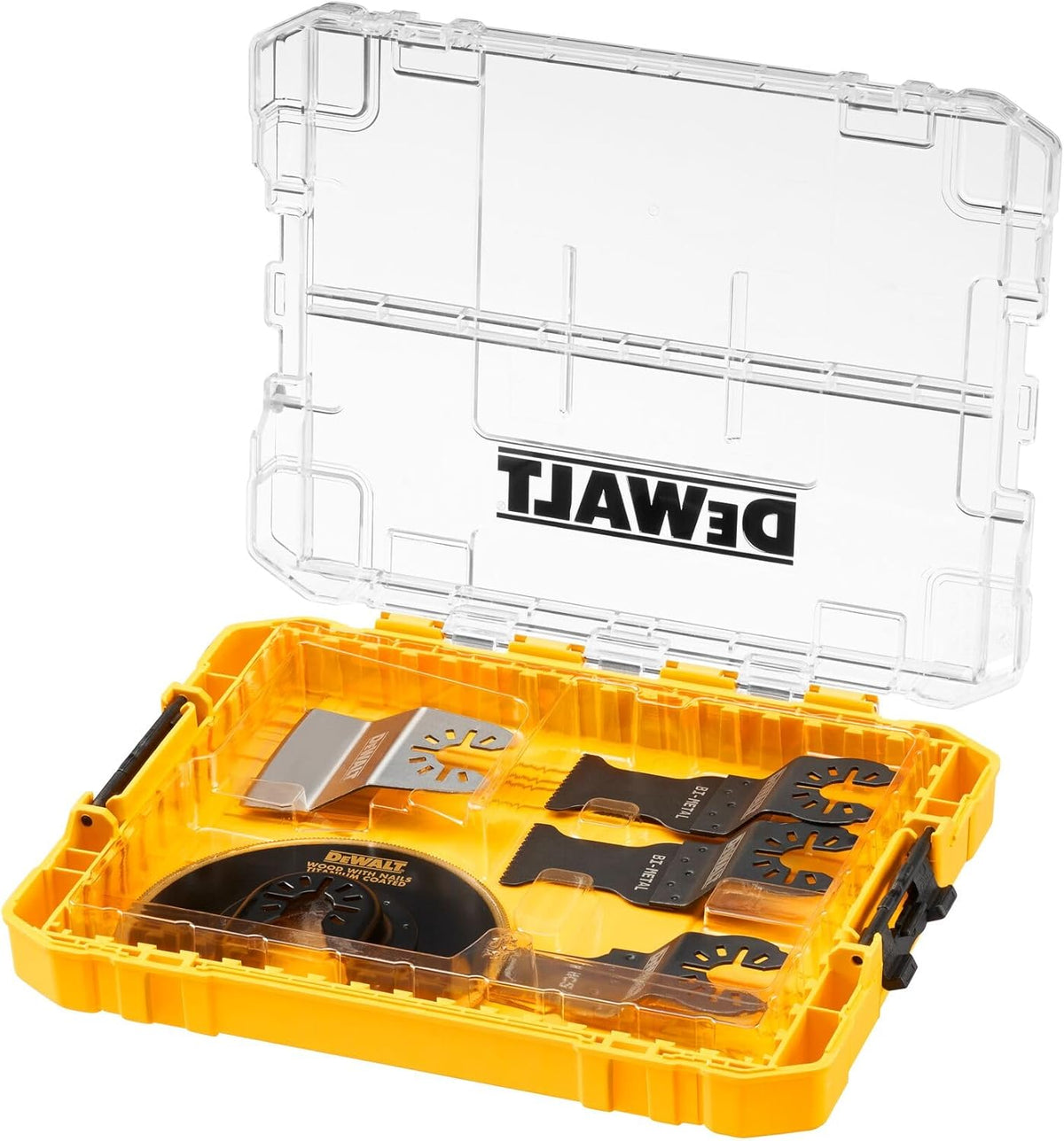 DeWalt DT20761 oscillating blade set with five blades in a yellow plastic case with clear lid open