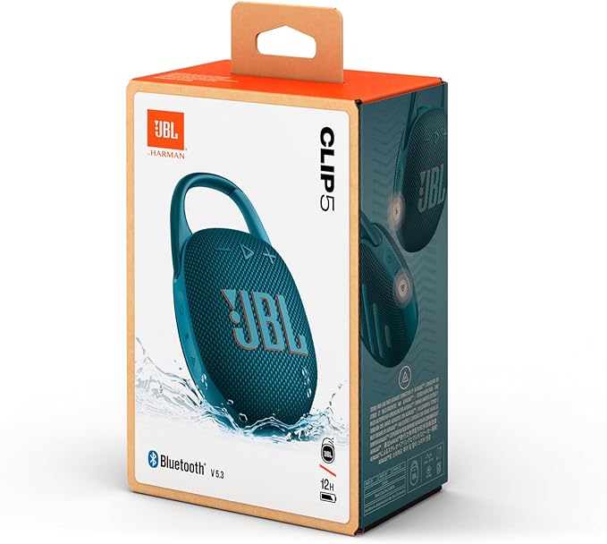 JBL Clip 5 Blue portable Bluetooth speaker with carabiner, waterproof design – available at Keans Claremorris.