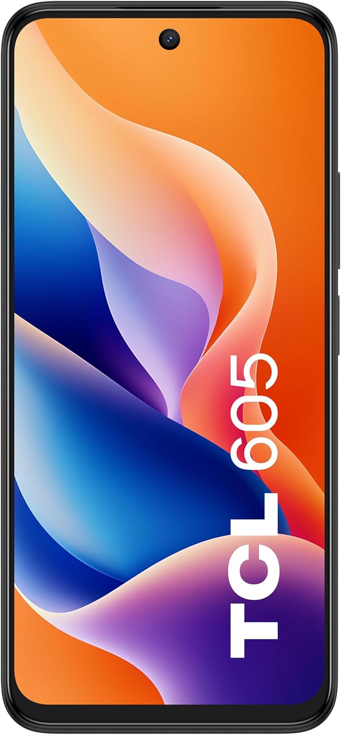 TCL 605 smartphone in black with a colorful abstract wallpaper and centered front camera hole-punch display