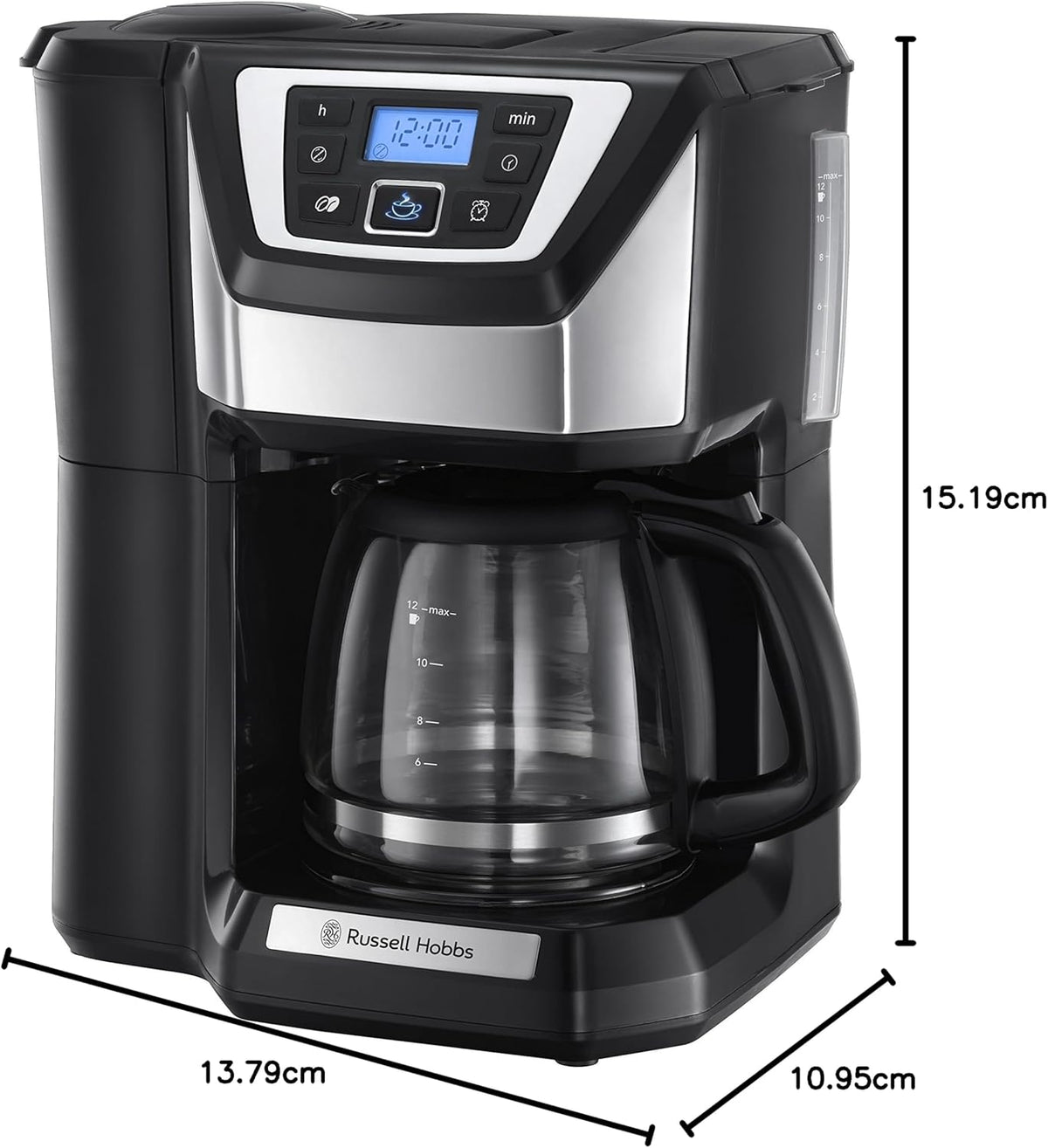 Russell Hobbs Chester Coffee Maker Bean to Cup with digital display and glass carafe showing water level markings